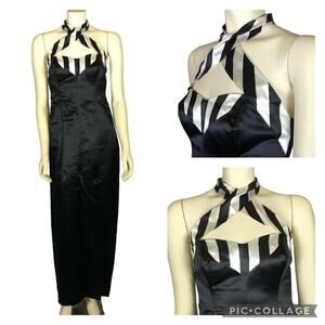 Boutique Sexy halterneck long black & white dress with large slit size small